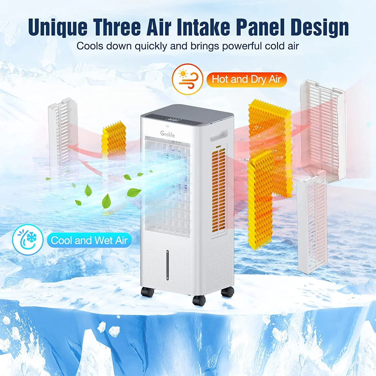 LIANMEI Cooler Portable Cooling liquid Swamp 12H Timer, Control, Cooler, 3 Modes, Speeds, 3 for Air 3-IN-1 Bedroom Air Personal Home 4 Evaporative Packs, Ice Fan with Tank, Office Cooler 1.58Gal Remote