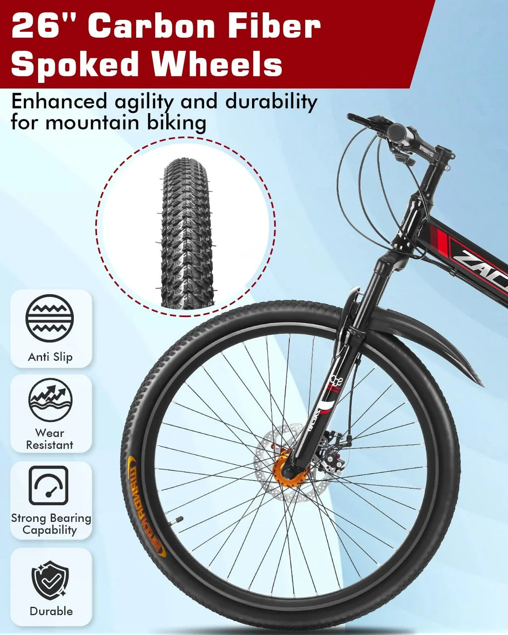 Bikes, Mountain Dual Road Speed/Carbon Bike, Steel Shock Brake 26 Red Fiber Zacro City Upgraded High-Carbon MTB 24 Bicycle, & Wheels Disc Absorbers Folding Inch