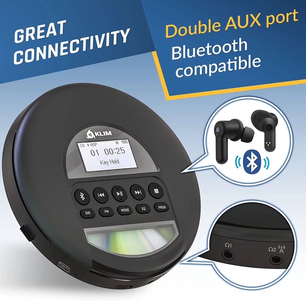 Battery, Radio, Black CD KLIM Good) Card, AM Rechargeable MP3, (Refurbished: Discman Fusion Nomad with Bluetooth- Ideal for Portable TF Headphones, Player Pre-Owned FM Cars,