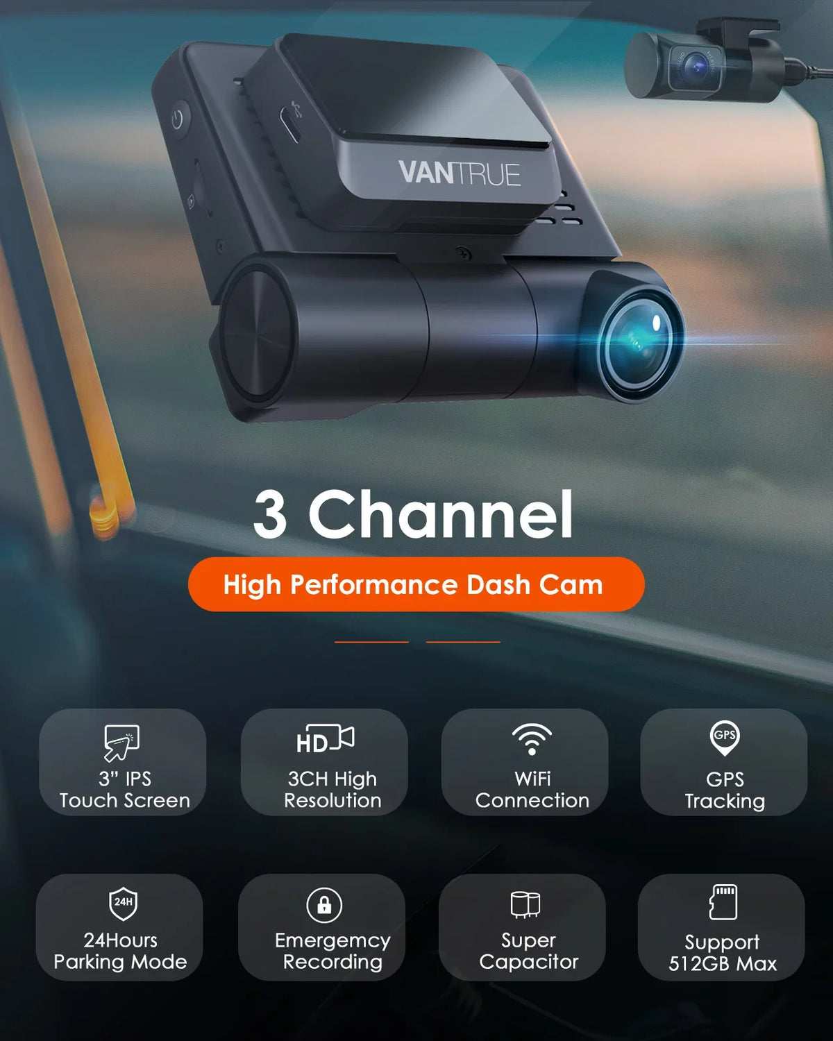 Nearly Interior Front+1080P IPS Dash 30FPS built 2K Angle, 24h Wide Rear Camera Monitor, Channel inch Touchable S2 Car 360° with WiFi in, Parking 3 Supercapacitor Screen 3 +1080P Cam, Vantrue GPS