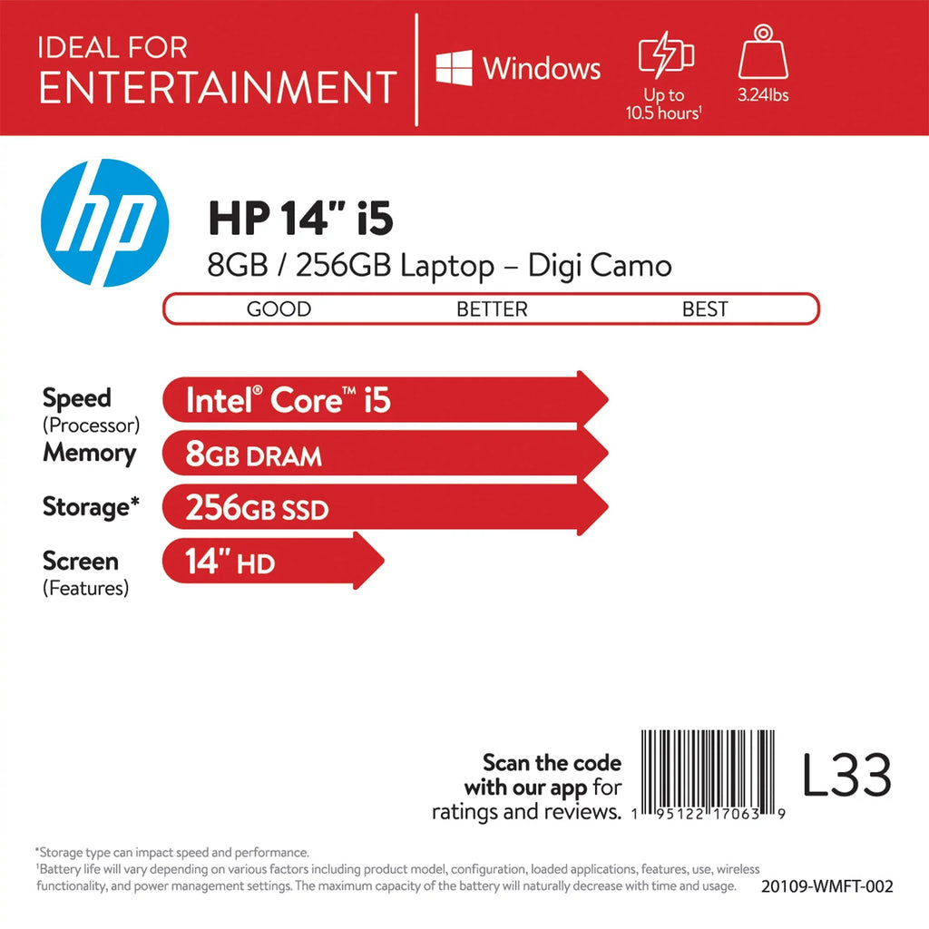 256GB Laptop SSD, Core HP CAMO Intel i5-1035G1, 8GB RAM, DIGI 14,