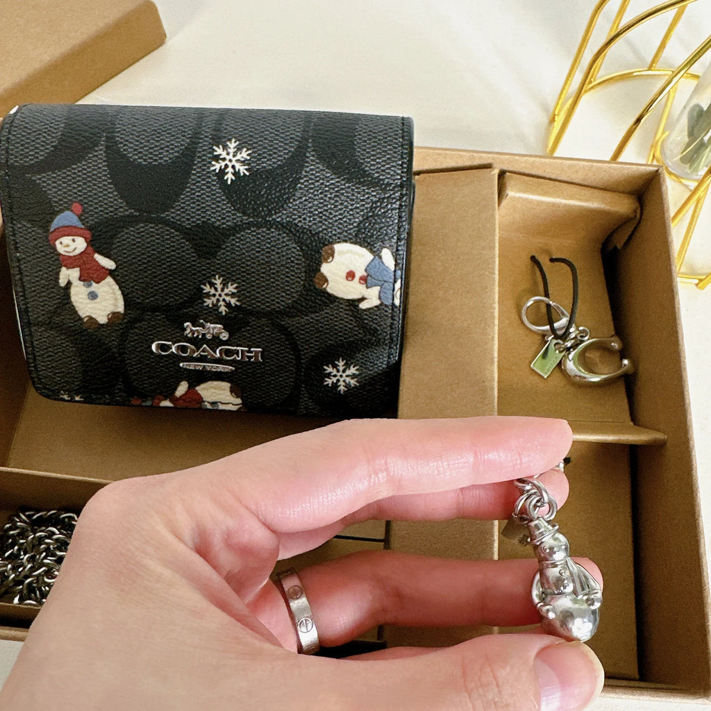 Boxed IN Black Wallet Multi Snowman Chain Coach With A In Canvas Mini CN047 Signature Print On