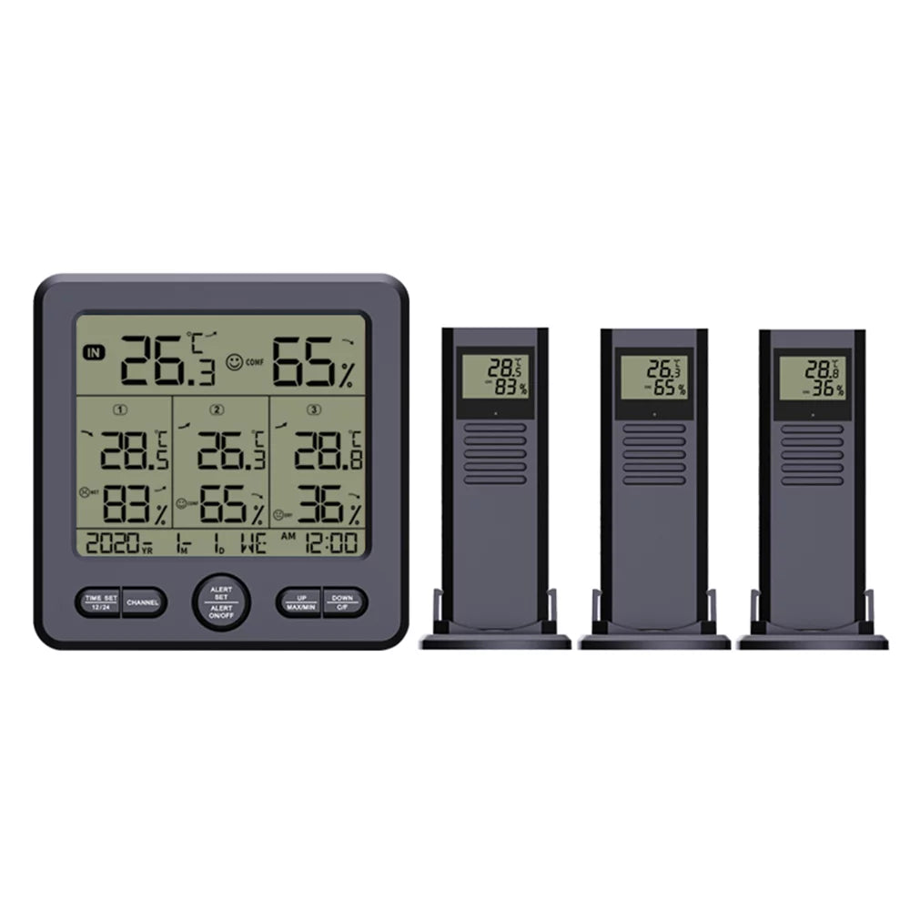Digital Home Calibration Monitor Backlight for with Temperature Humidity with Indoor climate Transmitters Wireless exterior 98ft/ 3 Offic & Remote Alarm 30m Stations 3 Thermohygrometer Sensors Function