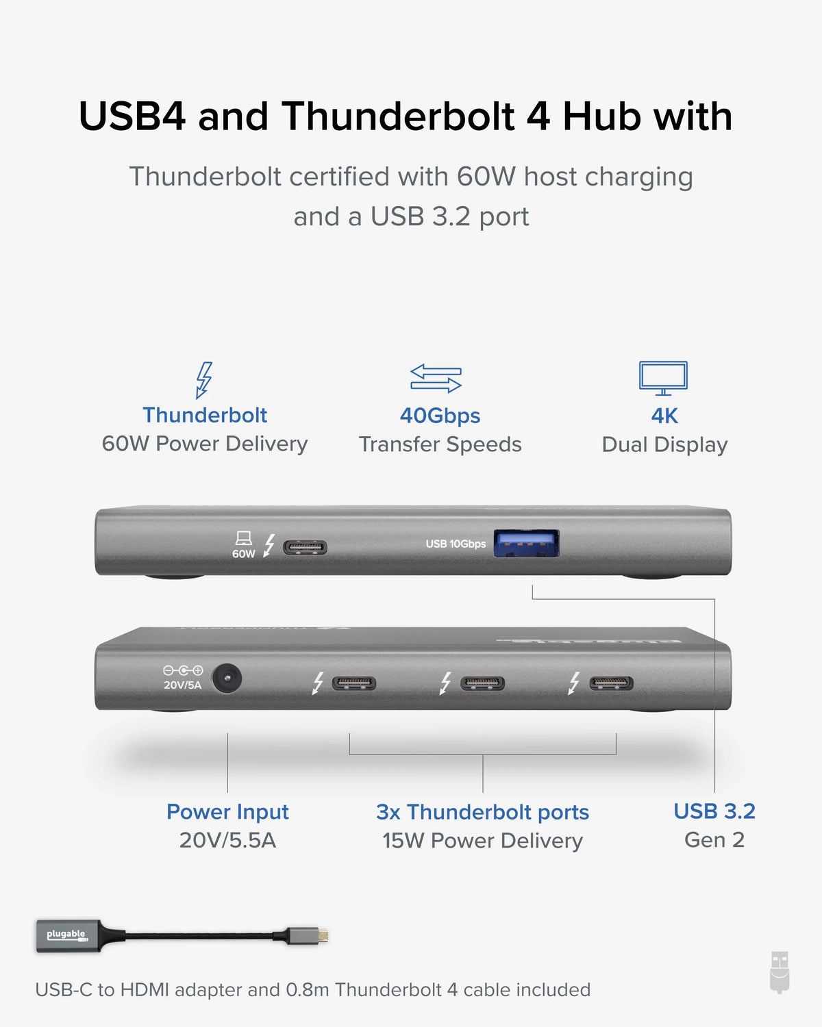 Compatible Thunderbolt to / USB4 60W Charging, Thunderbolt (1x 4 with with or Adapter) 8K Display, Macs 4K Dual and USB4 USB-C 5-in-1 Single Hub 4 HDMI Thunderbolt Windows Plugable