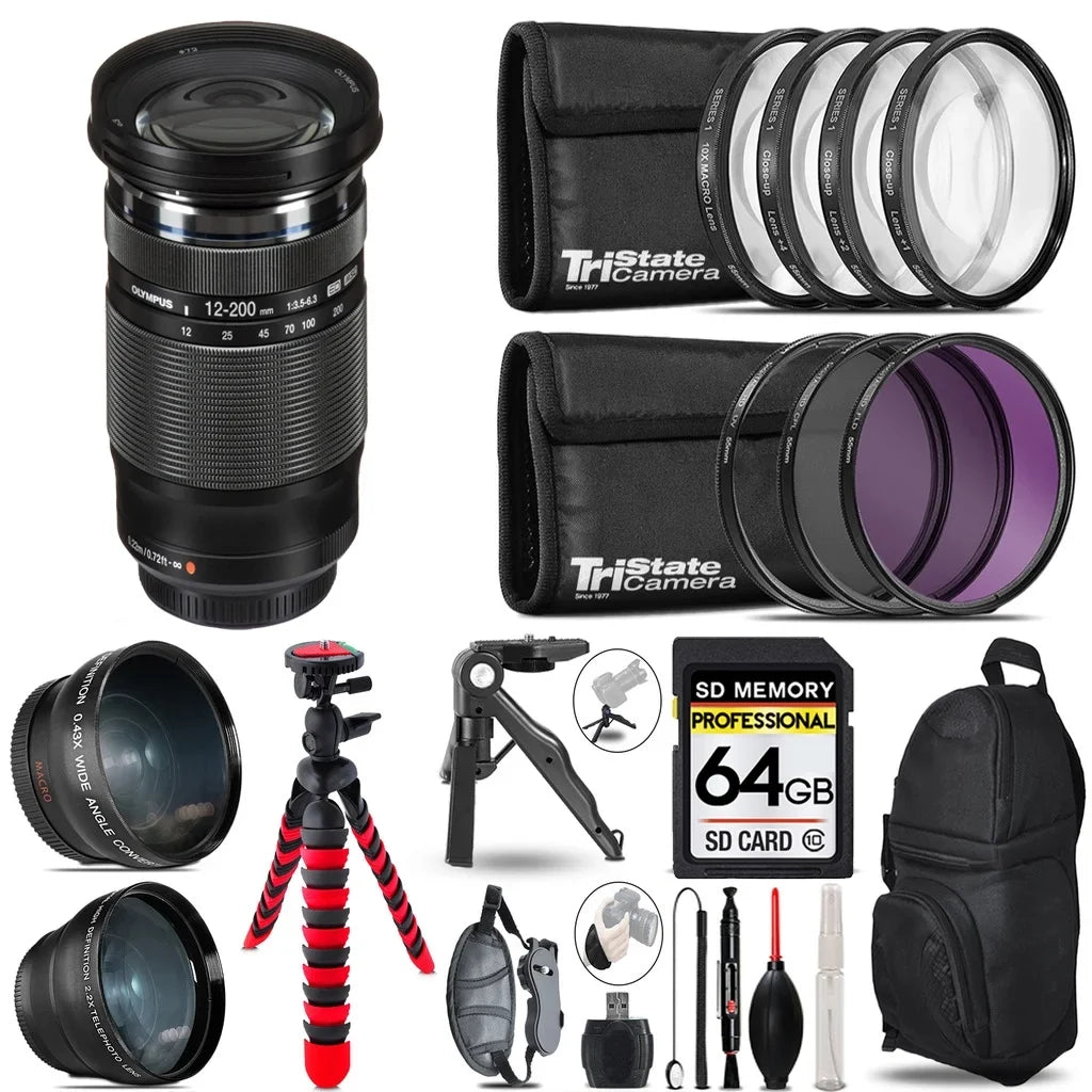 '- 12-200mm 64GB + Digital Lens M.Zuiko Lens - 3 Accessory Kit ED Tripod Olympus f/3.5-6.3 Backpack Bundle +