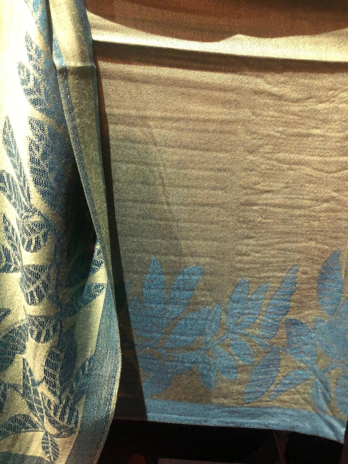 Pashmina shawl blue Scarf Vintage and Green Wrap Vine Teal Reversable Brocade