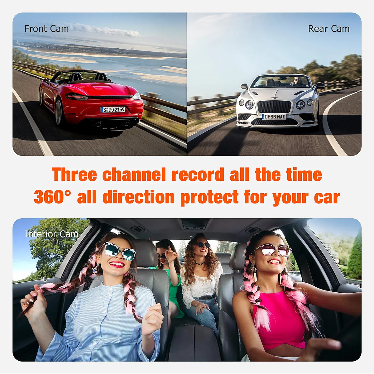 with Motion 3 TOGUARD Three IR Way Cam Channel Car Parking and Dash Detection Vision Triple 1080P Inside Night Rear Front Camera Lock Dash Monitor Camera Accident