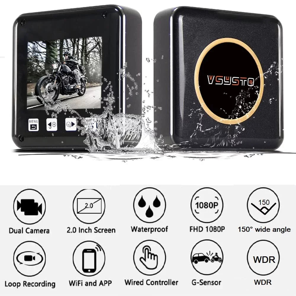 Waterproof Dash Full HD WDR, Rear 2 and Loop Camera, Vision, Night Screen Body VSYSTO Cam, 150° SonyIMX307 Fish Angle Front 1080P G-sensor Wide Inch Lens Eye Recording, Motorcycle
