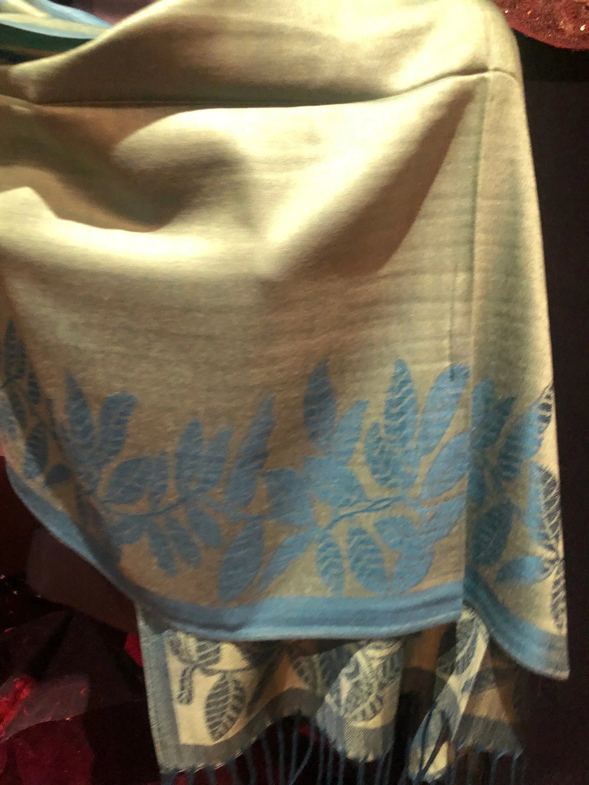 Pashmina shawl blue Scarf Vintage and Green Wrap Vine Teal Reversable Brocade