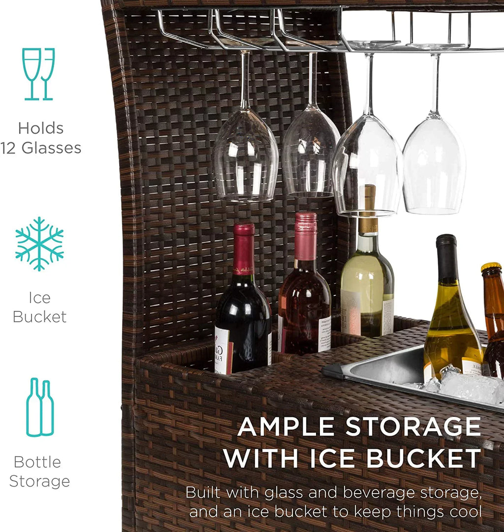 w/Removable Wicker Wine exterior Glass Compartments Glass Holders, Cart Bucket, Countertop, Ice Storage - Rolling Brown Bar