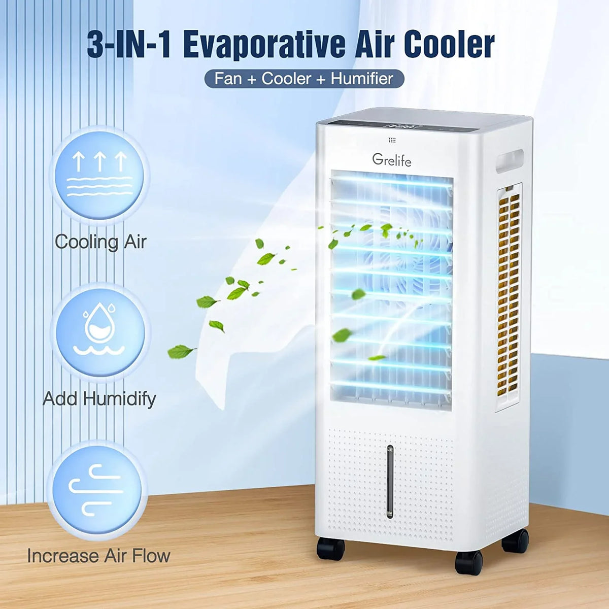 LIANMEI Cooler Portable Cooling liquid Swamp 12H Timer, Control, Cooler, 3 Modes, Speeds, 3 for Air 3-IN-1 Bedroom Air Personal Home 4 Evaporative Packs, Ice Fan with Tank, Office Cooler 1.58Gal Remote