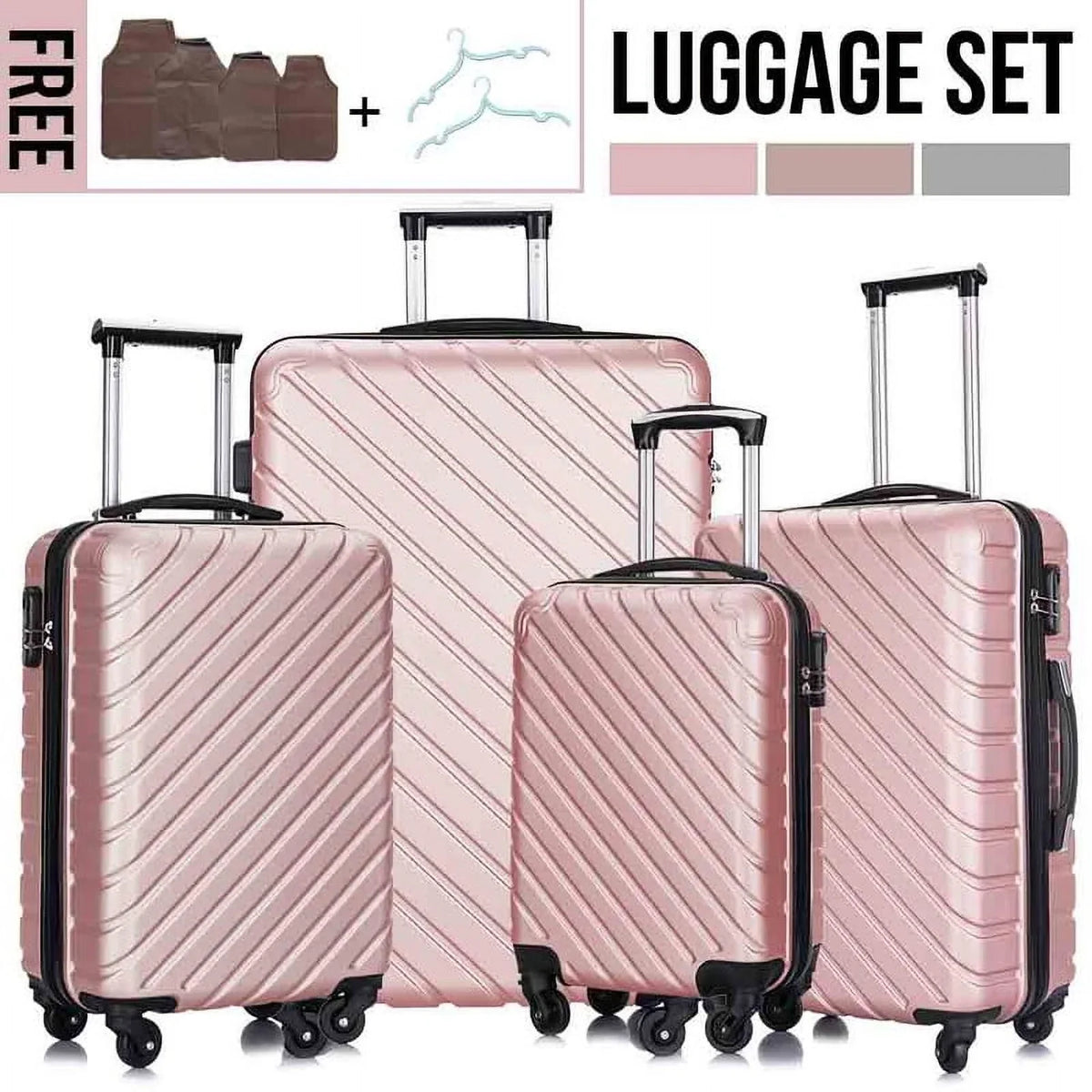 4 Luggage Luggage Piece gold rose Cover&Hanger Spinner Hardshell with On Suitcase,Carry Free Wheels Sets,Travel Inside