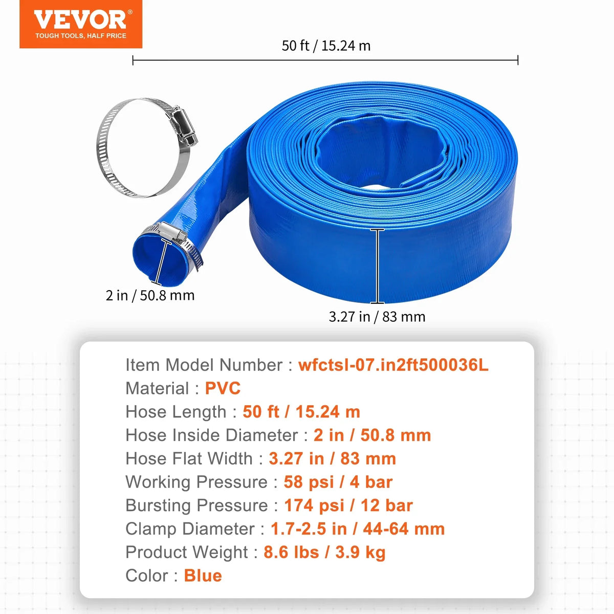 Hose Pool PVC Premium Hose Lay Blue Filter Clamps BENTISM x Discharge 50' and climate Swimming 2'' Resistant Flat Chemical with Backwash