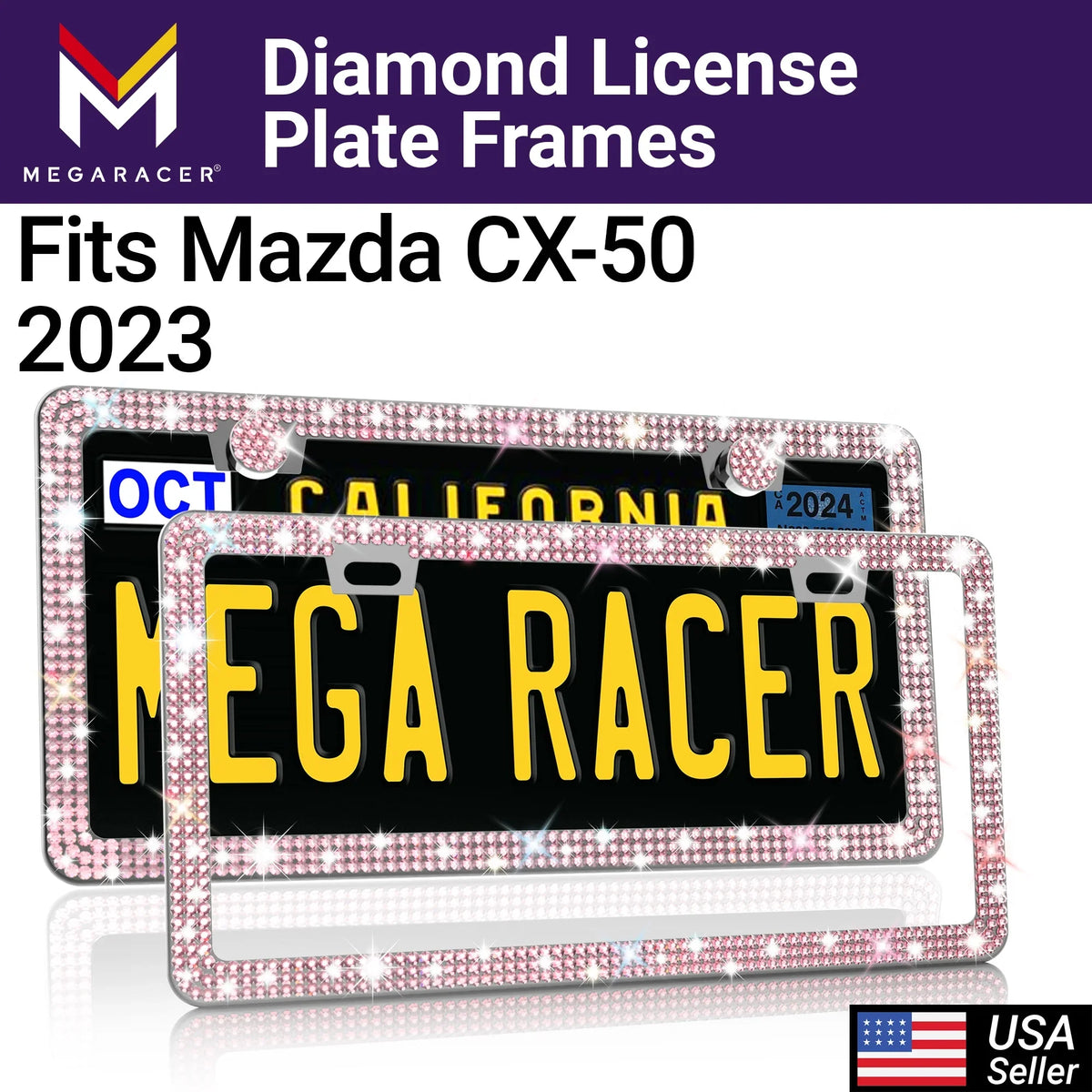 Mounting Rhinestones, Mazda Holes Pink Screws, Plate Diamond Sparkly Mega Car 23 Frames Mazda CX-50 Frame CX-50 2 with Racer 2023 License License Plate Bling