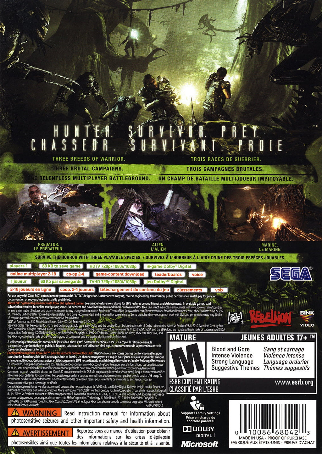 SEGA vs - Xbox Aliens Predator 360