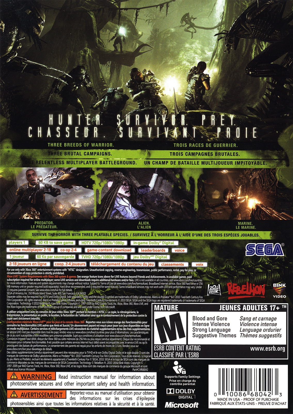 SEGA vs - Xbox Aliens Predator 360