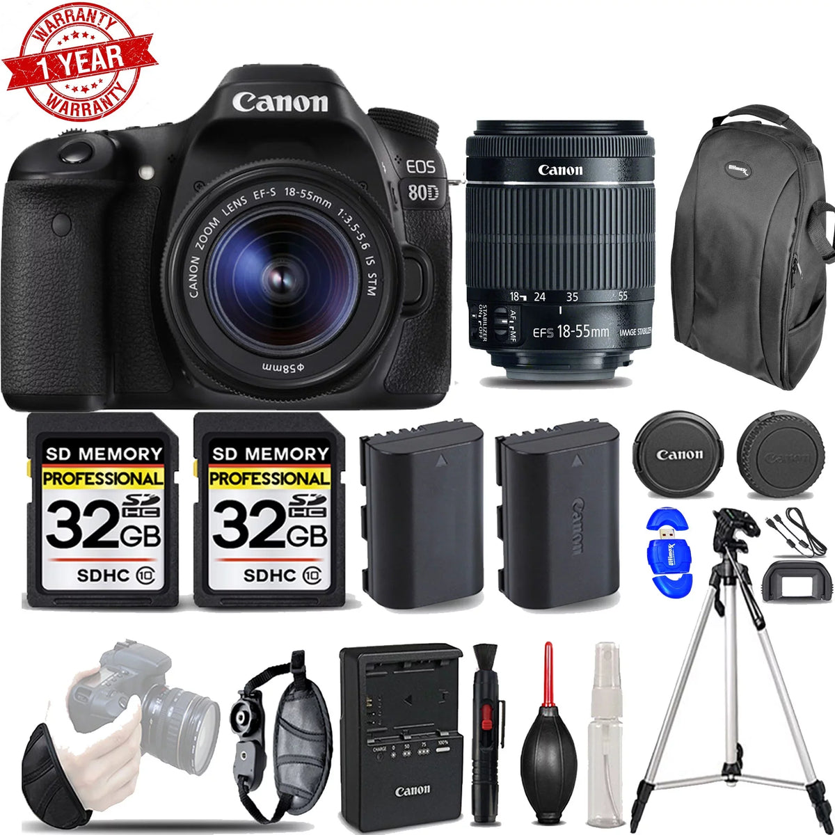 | | Wrist DSLR with Ext Kit Camera -64GB 80D Eos Lens Battery 18-55mm STM Canon Grip