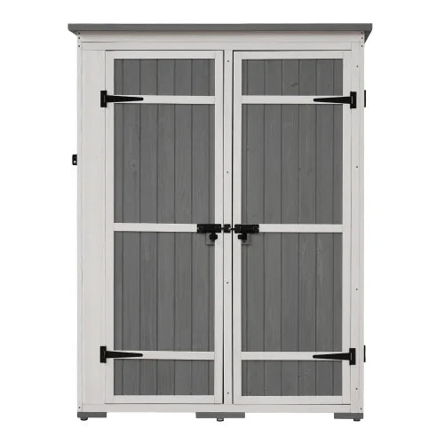 Wood Hx4.1ft Lockable Doors, 5.5ft exterior Asphalt Cabinet Garden White with Four and Roof, L Tool Shed, Multiple-tier Storage Waterproof Shelves, Gray