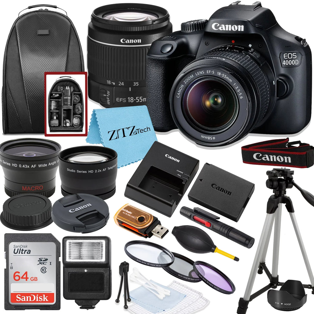 Memory, EOS ZeeTech 64GB 18-55mm SanDisk T100 Canon with / Camera Rebel and Bundle Backpack DSLR Lens, Tripod, 4000D