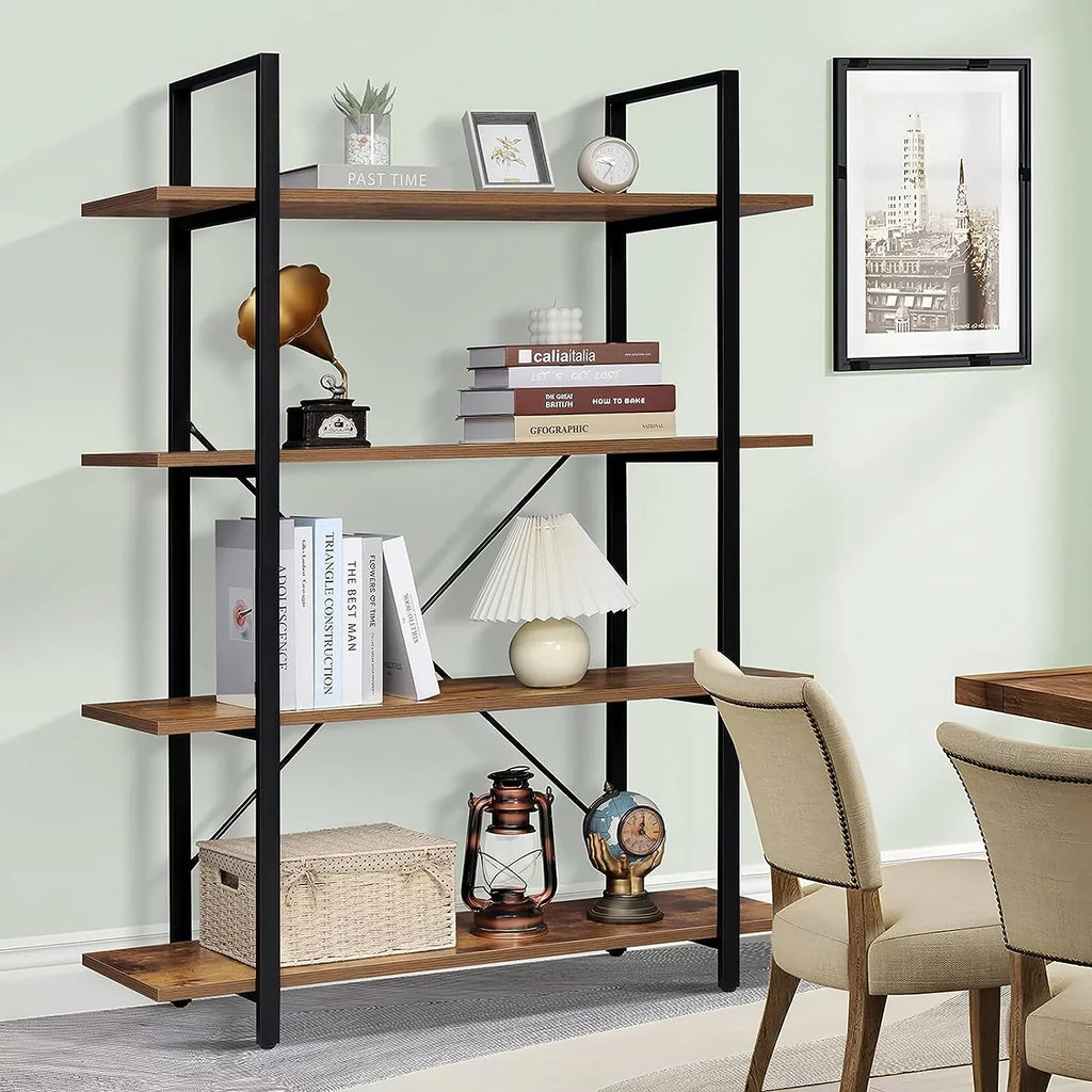 Room, with Shelf, Rustic Bookshelf, Brown DIQIN Shelves Bookcase Display Home Frame, Open Office, 4-Tier for Metal Living Tall Book Bedroom,