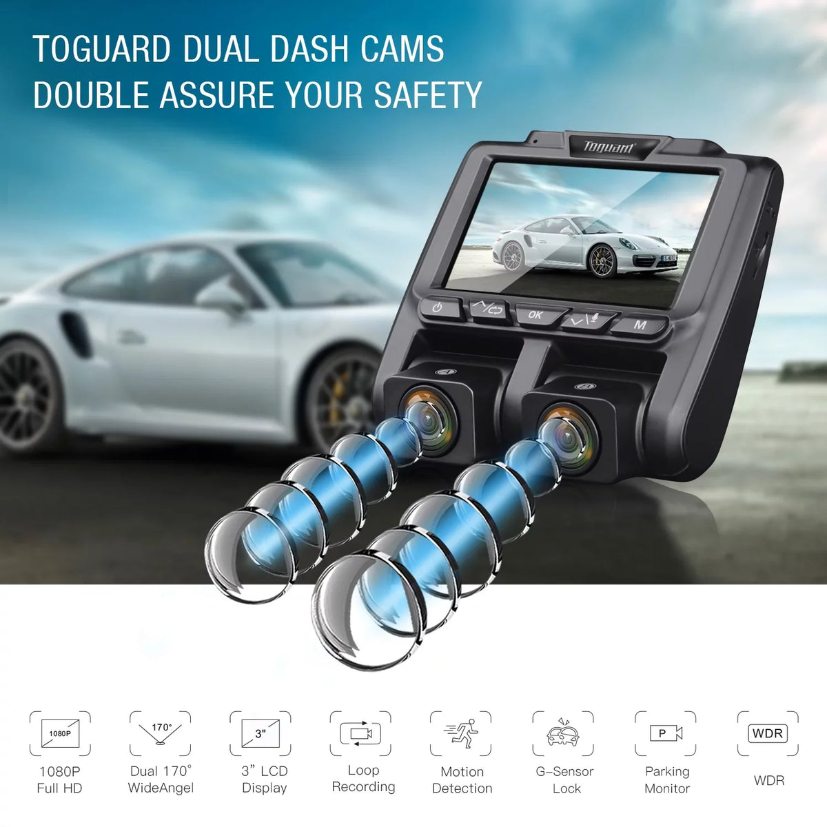 Vision Front TOGUARD Dash Parking Monitor, Night and 3" Loop G-Sensor, with Recording Camera Screen Cam Dual Inside Car IR 1080P LCD Dash Camera