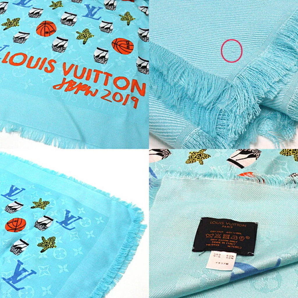 JONAS Pre-Owned blue Wood M76053 silk 40% stole Jonas (Like 60% New) shawl wool WOOD basketball/flower/pot monogram