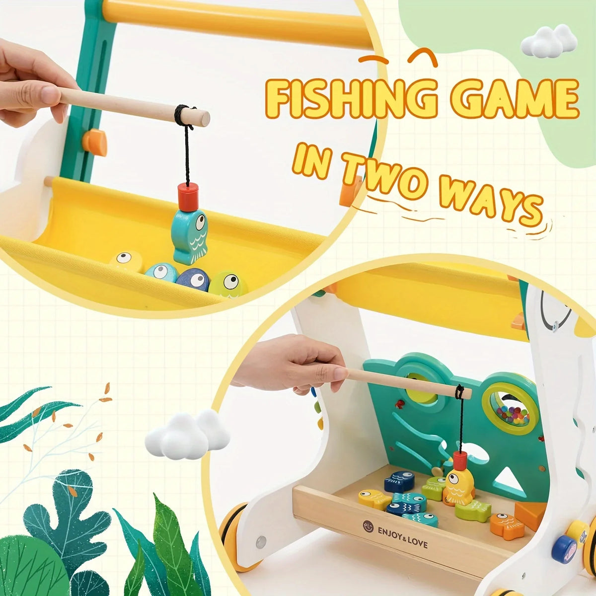 Activity Center Toy Baby Kids with for Boys Girls Multiple Infants Learning Wooden Baby Sorter Along Walker Xylophone Entertainment Walker Push Sit-to-Stand Shape Fishing Trolley Push Toddler
