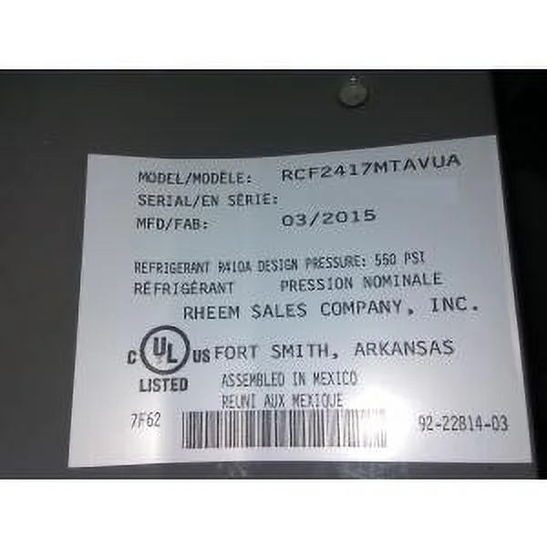MID TON COIL RCF2417MTAVUA R410A 2 "N" UNCASED 183096 UPFLOW RHEEM EFFICIENCY
