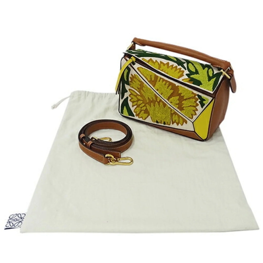 Collaboration (Good) Brand Puzzle LOEWE Handbag de Mini Pre-Owned Women's Leather Shoulder William Embroidery 2way Compact Morgan Floral Small Brown Bag Yellow