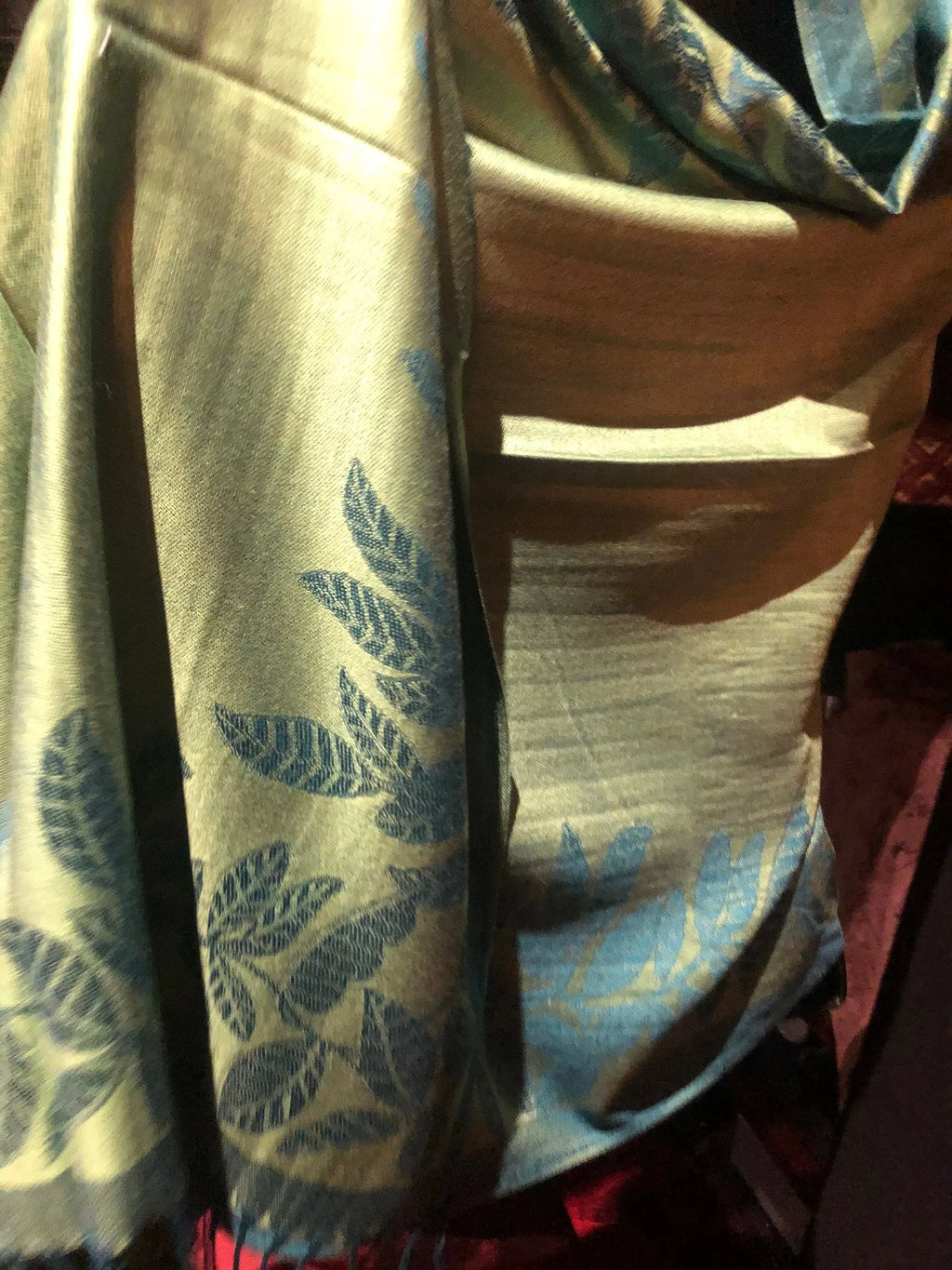 Pashmina shawl blue Scarf Vintage and Green Wrap Vine Teal Reversable Brocade