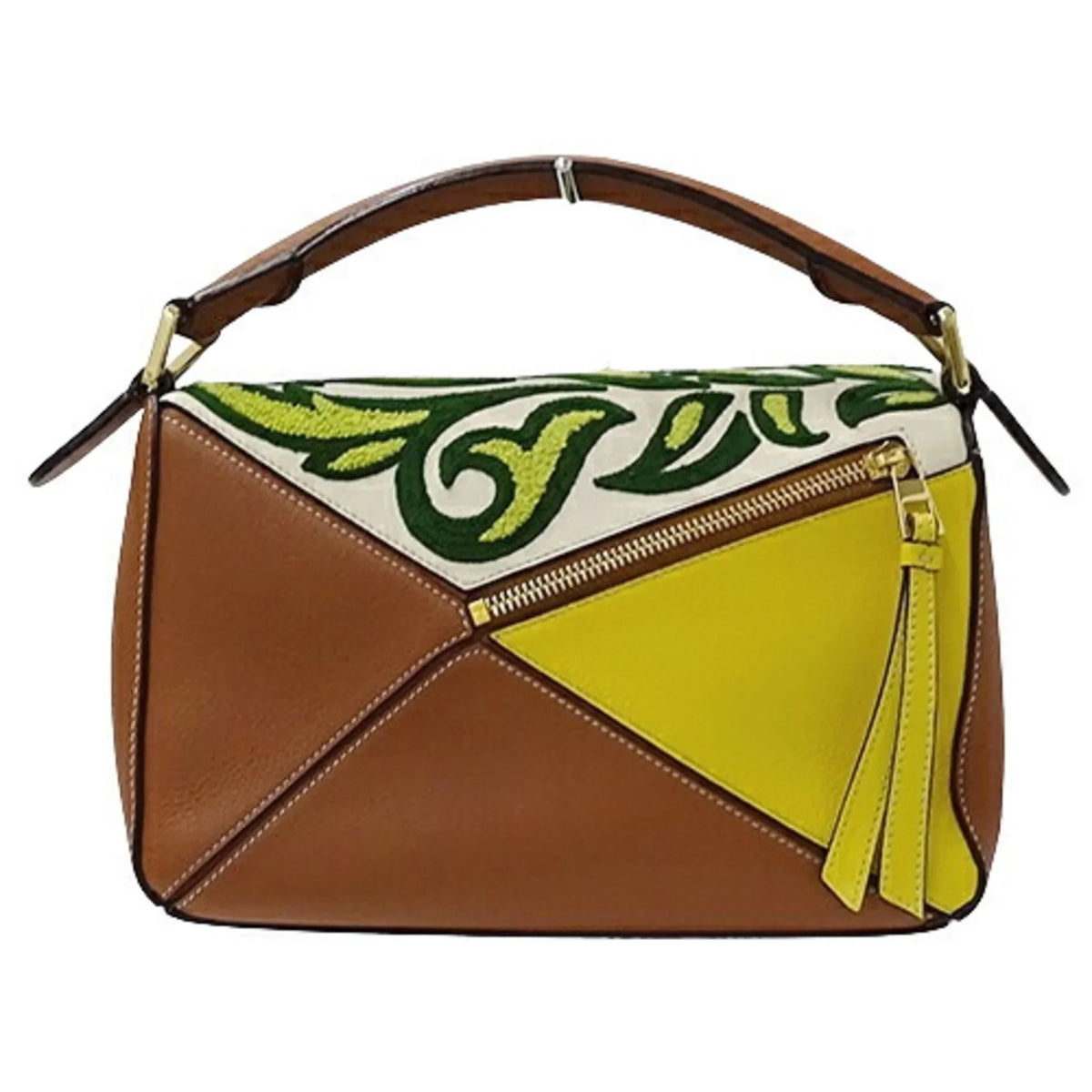 Collaboration (Good) Brand Puzzle LOEWE Handbag de Mini Pre-Owned Women's Leather Shoulder William Embroidery 2way Compact Morgan Floral Small Brown Bag Yellow