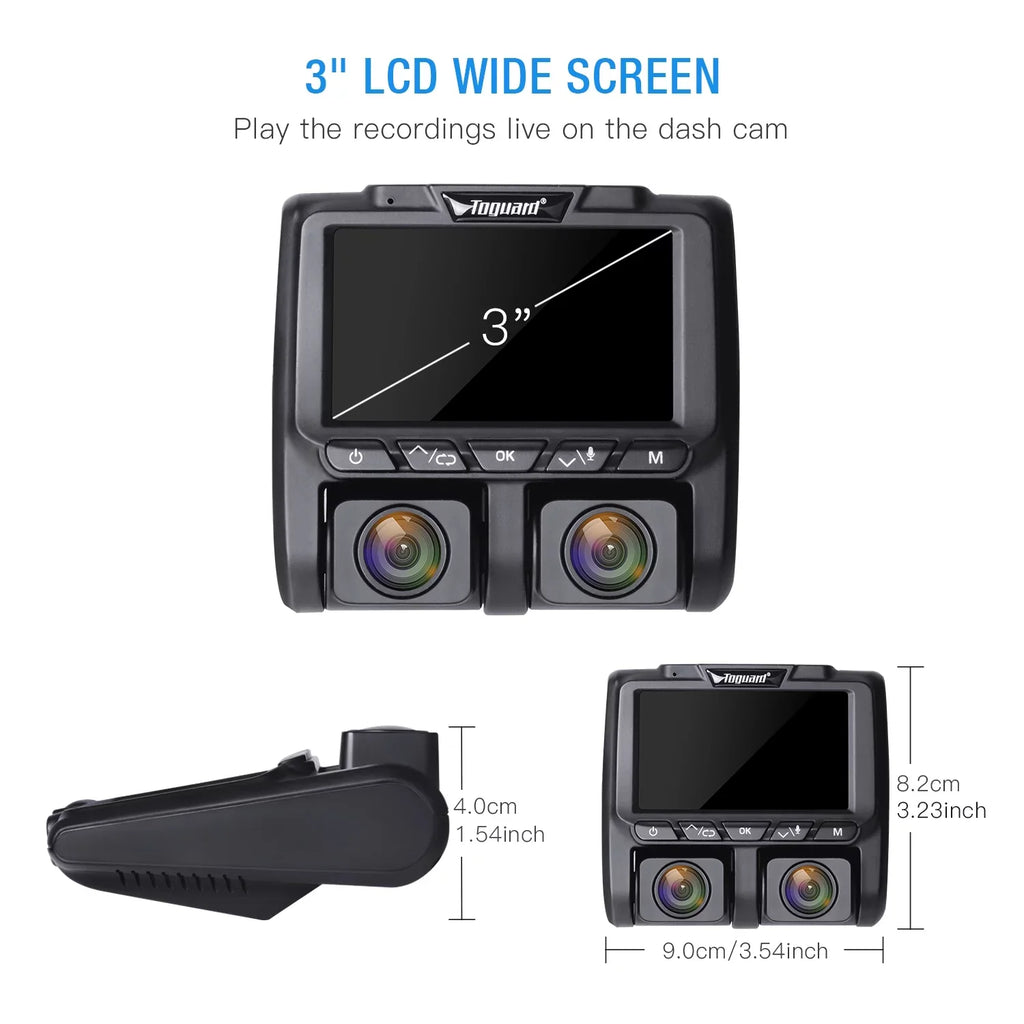 Vision Front TOGUARD Dash Parking Monitor, Night and 3" Loop G-Sensor, with Recording Camera Screen Cam Dual Inside Car IR 1080P LCD Dash Camera
