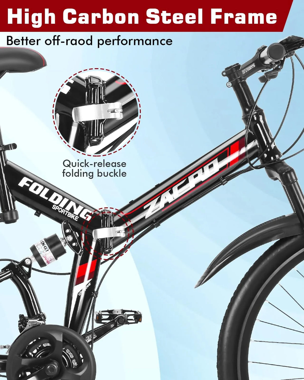 Bikes, Mountain Dual Road Speed/Carbon Bike, Steel Shock Brake 26 Red Fiber Zacro City Upgraded High-Carbon MTB 24 Bicycle, & Wheels Disc Absorbers Folding Inch