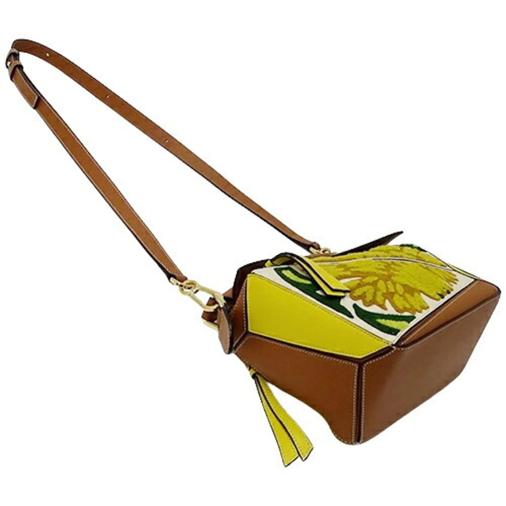 Collaboration (Good) Brand Puzzle LOEWE Handbag de Mini Pre-Owned Women's Leather Shoulder William Embroidery 2way Compact Morgan Floral Small Brown Bag Yellow