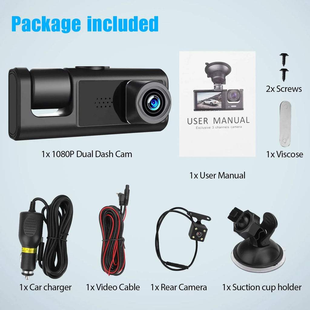 Loop Channel Monitor Three and G-Sensor, Inside Dash 3 HD Cam Way for Vision, W/IR Front 1080P Rear Full W/32GB Night Recording, TF Cars, Car Dash Camera Card, Parking Triple Dashcam Camera