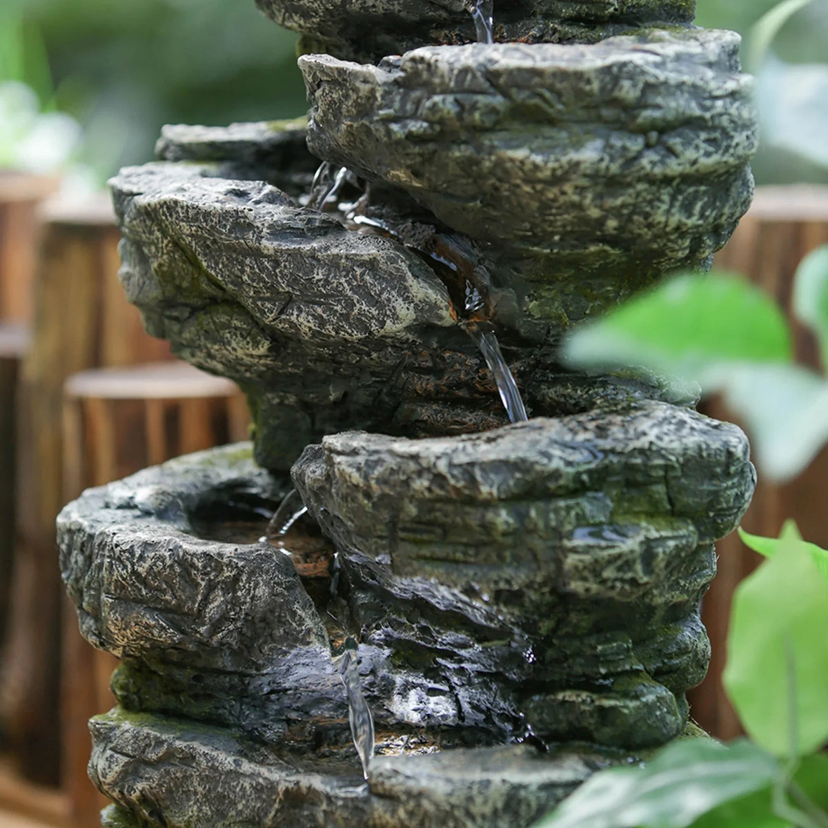 Fountain Tabletop Rock Gray Stone-Look Indoor 7-tier Fountain, 9x5x14" Light liquid LED with Polyresin Cascading