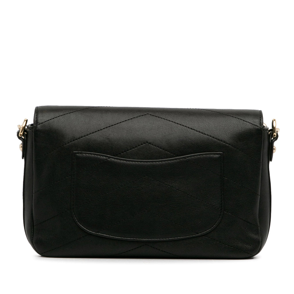 Calf Satchel Double Chevron Authenticated Black Leather (Good) Elaphe Flap Unisex Pre-Owned skin
