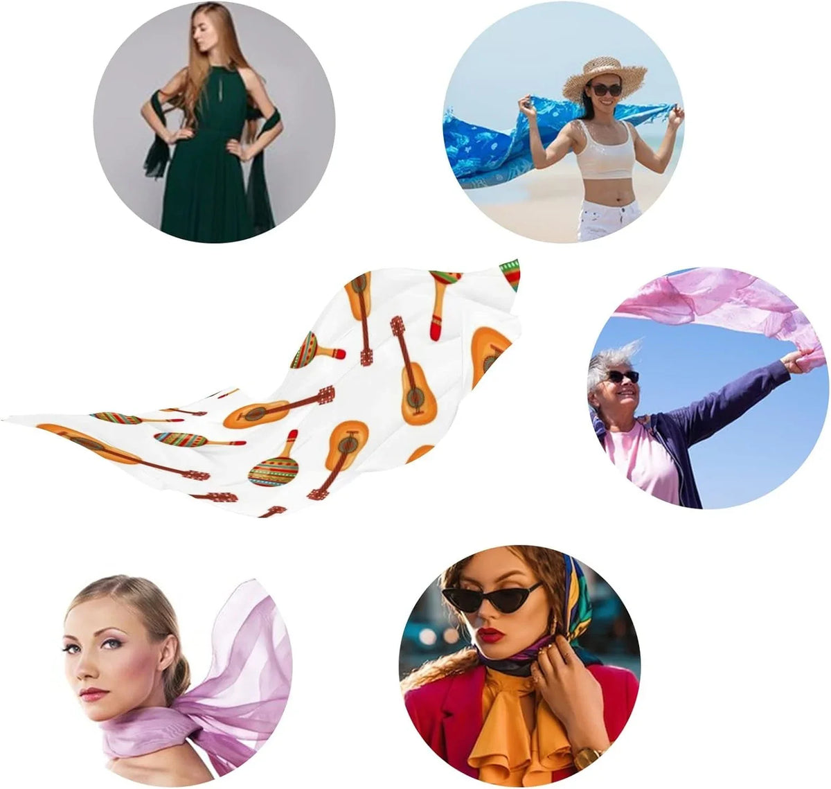 And Maracas Shawl Pattern Long Guitars for Women Scarves Culture Wrap Mexican Scarf Silk Lightweight Hyjoy Girls Neck