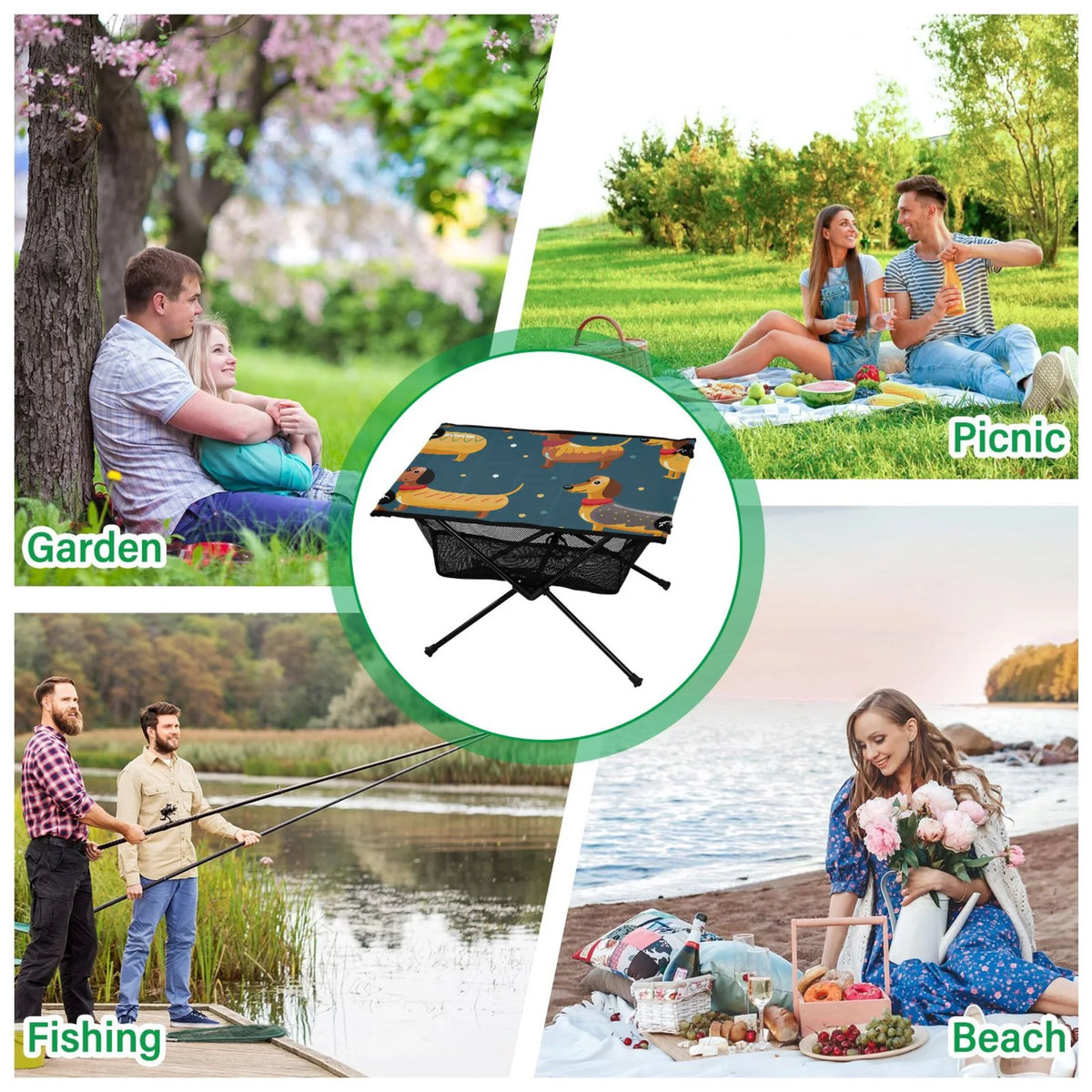 Table Compact Cartoon Picnic with Fishing for Storage Travel Portable Dogs exterior Beach Dachshund Bag Table Camping BBQ Folding Table