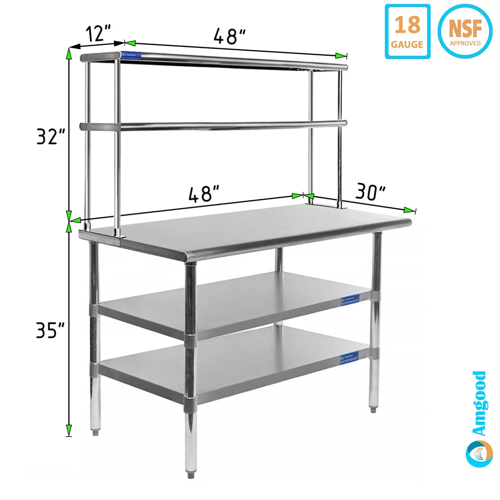 Shelving Two 30" Metal Table With Overshelf Tier | 12" 48" Steel Shelves Double Combo x Wide Work Stainless Kitchen Prep | & Table