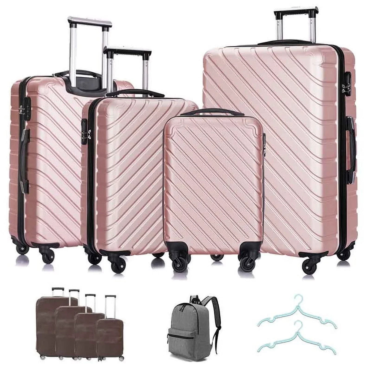 4 Luggage Luggage Piece gold rose Cover&Hanger Spinner Hardshell with On Suitcase,Carry Free Wheels Sets,Travel Inside