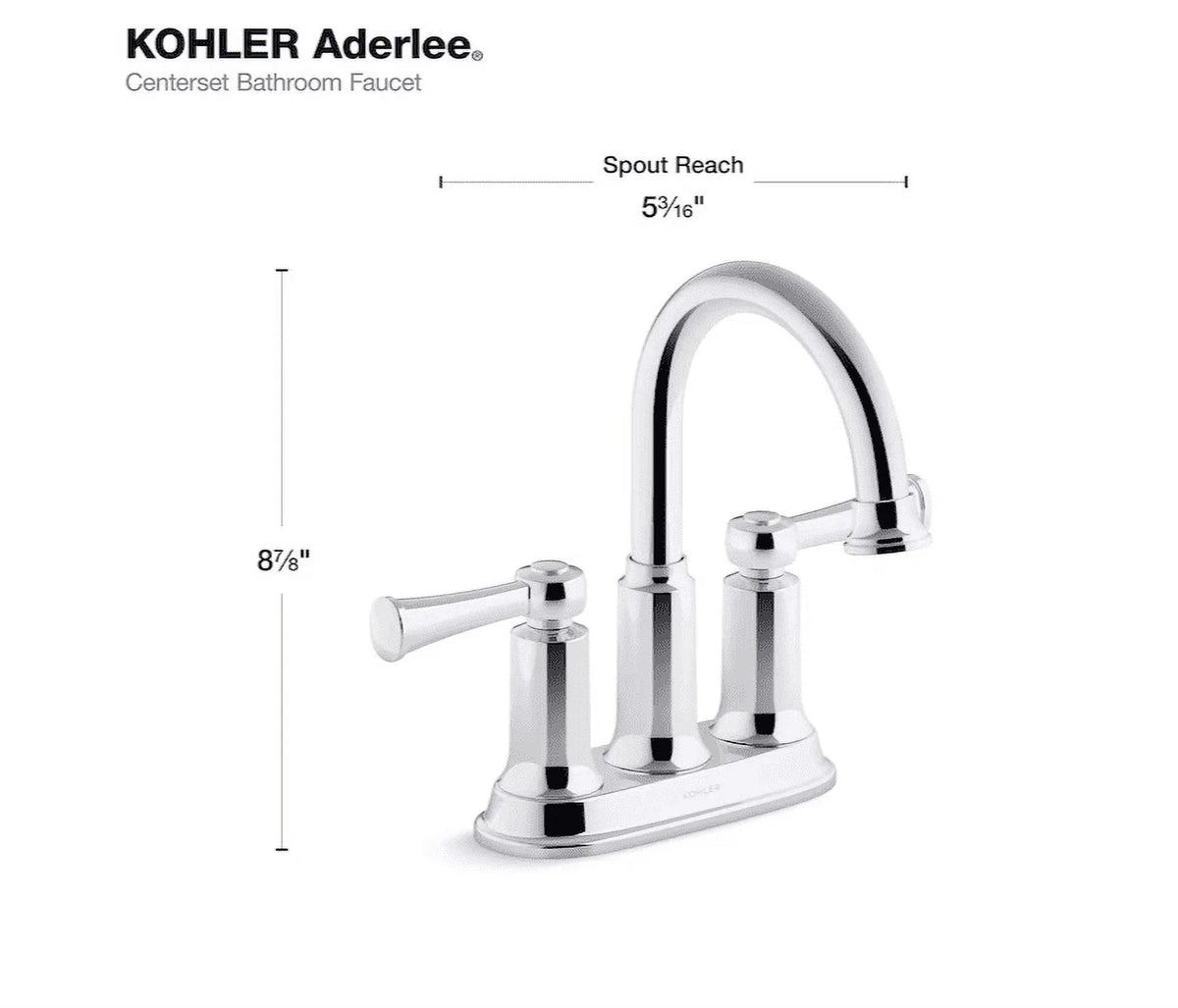1.2GPM Kohler Chrome Polished Center-Set Sink Aderlee Bathroom Faucet,
