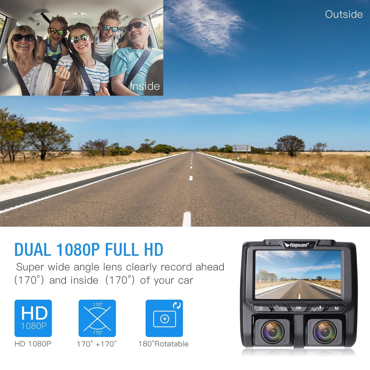 Vision Front TOGUARD Dash Parking Monitor, Night and 3" Loop G-Sensor, with Recording Camera Screen Cam Dual Inside Car IR 1080P LCD Dash Camera