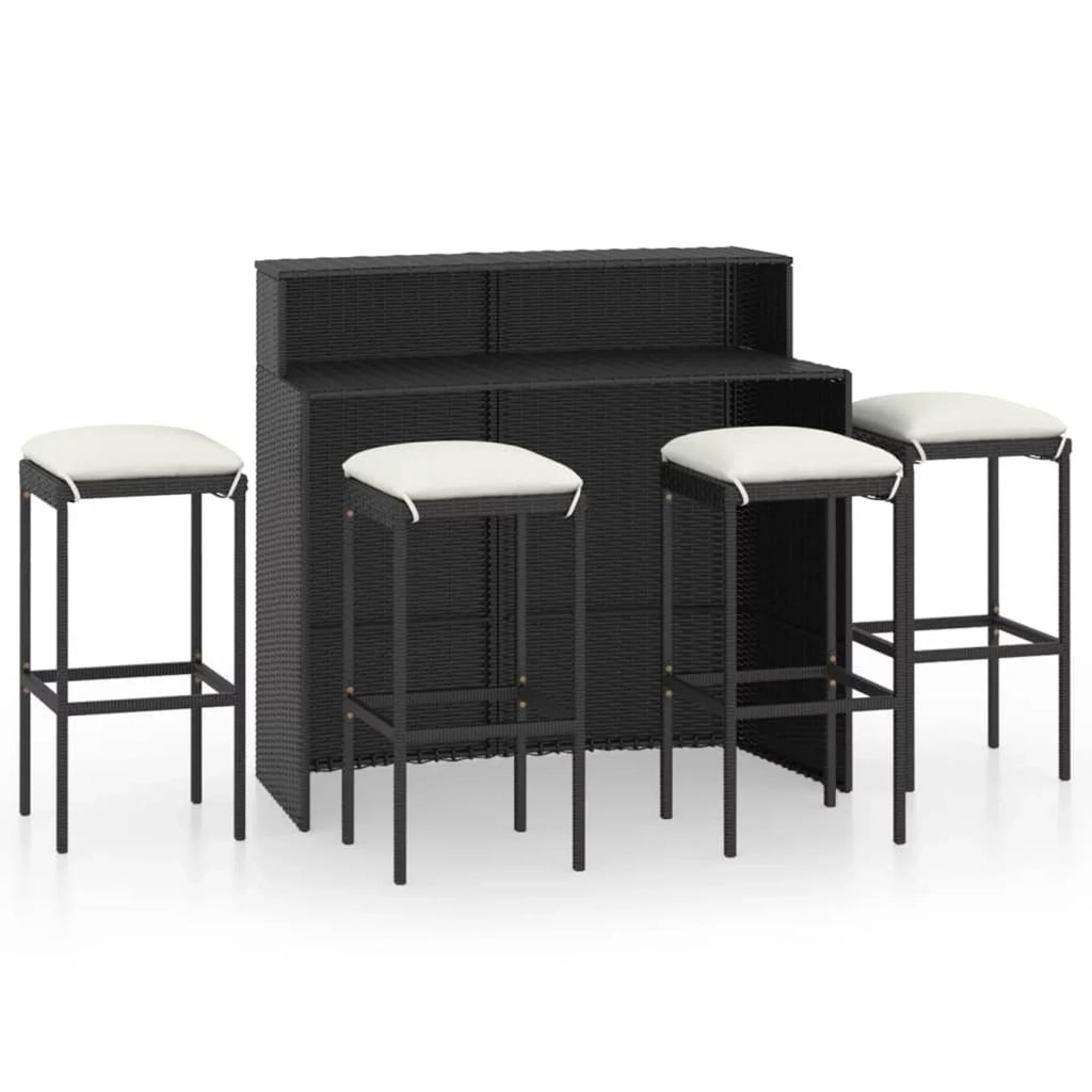 Set exterior Garden Dining Chairs Shelf Cushioned Bar Pub, Set Anself Rattan Backyard, for and Storage with Table 5 Black Bistro, Poly 4 Patio Stool Terrace, Piece