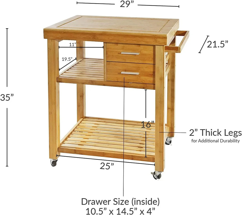 Cart Rolling Prepping Trolley Island With On Kitchen Rack, Butcher Block Food Casters, Wheels, Locking Towel Wood Cart Bamboo Drawers Shelves,