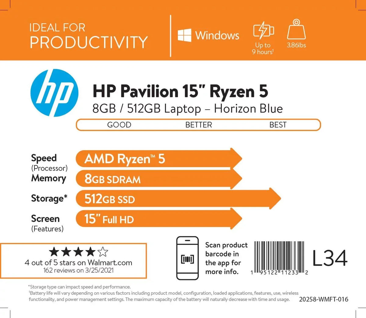 15-eh1070wm Blue, 15.6" SSD, Pavilion Horizon Windows FHD, Ryzen AMD 512GB 7-5700U, 11, RAM, HP 8GB