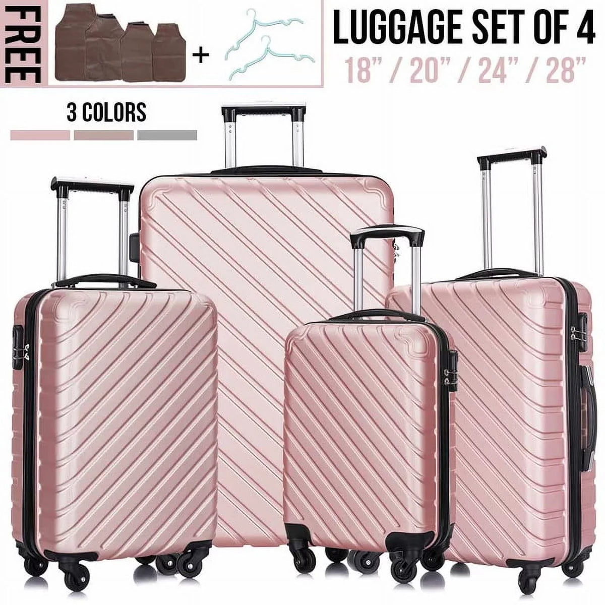 4 Luggage Luggage Piece gold rose Cover&Hanger Spinner Hardshell with On Suitcase,Carry Free Wheels Sets,Travel Inside