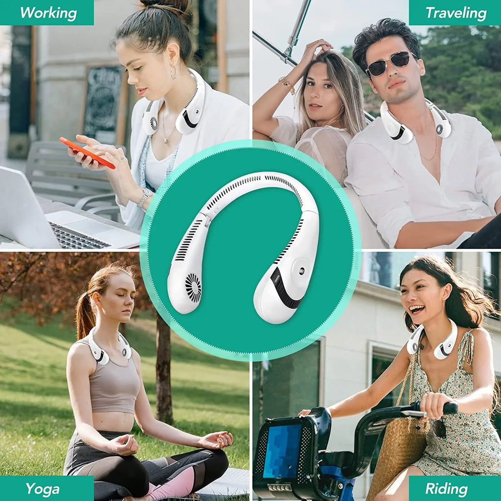 LCD White Summer Display, Neck Rechargeable Neck Folding Fanwtith Fans, Fan Bladeless USB 3 Speeds Cooling 5000mAh 360°Airflow Mini Portable