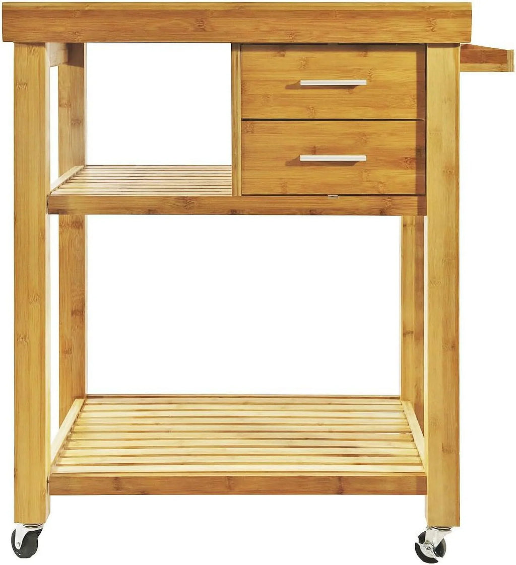Cart Rolling Prepping Trolley Island With On Kitchen Rack, Butcher Block Food Casters, Wheels, Locking Towel Wood Cart Bamboo Drawers Shelves,