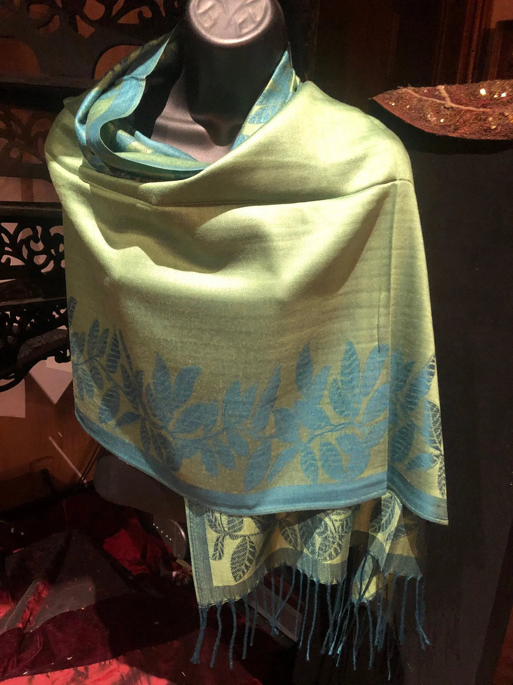 Pashmina shawl blue Scarf Vintage and Green Wrap Vine Teal Reversable Brocade